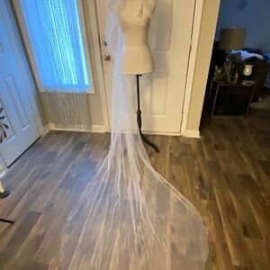 Cathedral Length White Wedding Veil with Faux Pearl and Gold Leaf Comb